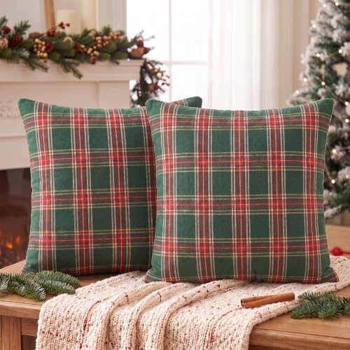 AVOIN colorlife Christmas Green Red Plaid Decorative Throw Pillow Covers, 20 x 20 Inch Holiday Scottish Tartan Cushion Case Farmhouse Decoration for Sofa Couch Set of 2