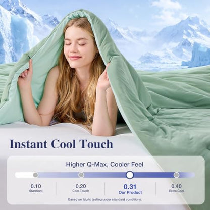 MUXHOMO Cooling Comforter Set King Size, Lightweight Summer Comforter for Hot Sleeper, Reversible Bedding with ICY Cooling Surface, Includes 1 Comforter (104"x90") and 2 Shams (20"x 36"), Sage Green