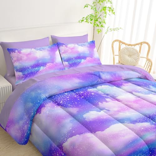 QOOMO Purple Clouds 7 Pieces Comforter Set Full Size,Galaxy Bedding Set