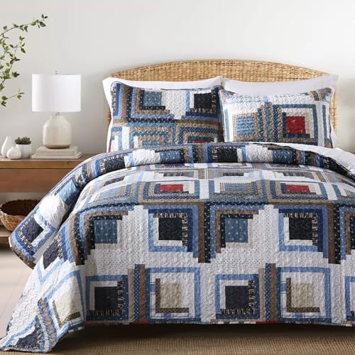 HIARUO Quilt Set Queen Size, 3 Pieces Bedspread Coverlet Plaid Patchwork Quilt Farmhouse Queen Size Comforter Set Lightweight Bedding with 2 Pillow Covers Shams for All Season Red Blue
