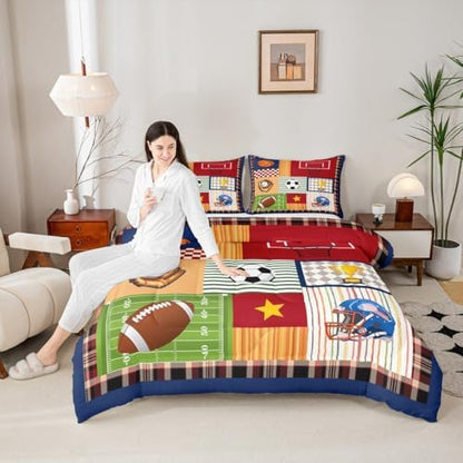 Cartoon Football Basketball Comforter Set for Kids Boys Bedroom Patchwork Plaid Stripes Bedding Sets Modern Ball Sports Gaming Quilted Duvet Teens Colorful Baseball Bedspread 3pcs Full Size