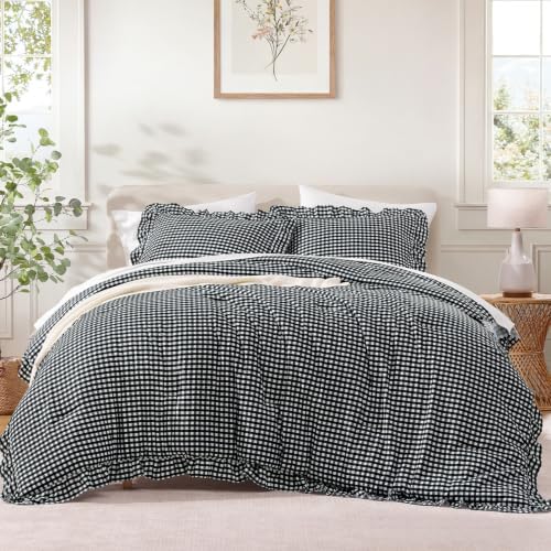 Andency Black White Gingham Ruffle Comforter Full, 3 Pieces Vintage Bedding