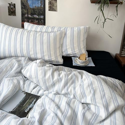 mixinni Vintage Blue & White Striped Duvet Cover Set - 3 Piece 100% Washed Cotton Full Size Bedding | Minimalist Relaxed Style | Ultra Soft Breathable, with Zipper Closure & Corner Ties-Full Size