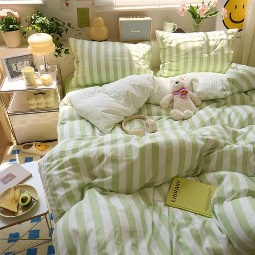 LifeTB Green Striped Comforter Set Queen, 3 Piece Aesthetic Stripes Pattern Printed Comforter with 2 Pilliwcases, Soft Breathable Farmhouse Striped Bedding Comforter Lightweight Queen Comforter Set