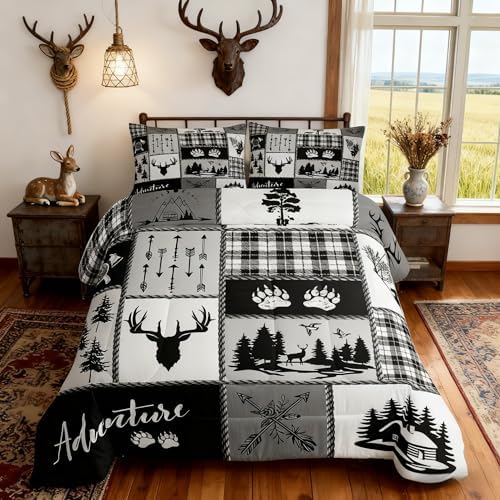 Deer Bear Comforter Set Full Size,Pine Trees Christmas Bedding Set for Kids Boys Girls Adults Room Decor,Camping Adventure Rustic Farmhouse Down Comforter,Black Retro Duvet Insert,2 Pillowcases
