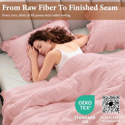 JOLLYVOGUE Pink Seersucker Queen Comforter Set, 3 Pieces Bed in a Bag Comforter Set, Lightweight & Fluffy Bedding Sets Queen for All Season with 1 Ruffle Comforter and 2 Ruffle Pillowshams