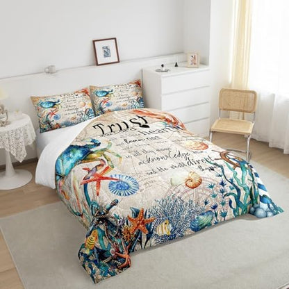 Homewish Crab Coral Starfish Comforter Set Full Size,Nautical Anchor Bedding Set 3Pcs for Kids Girls Boys Teens Room Decor,Ocean Animals Quilt Set Vintage Bible Quotes Duvet Insert,2 Pillowcases