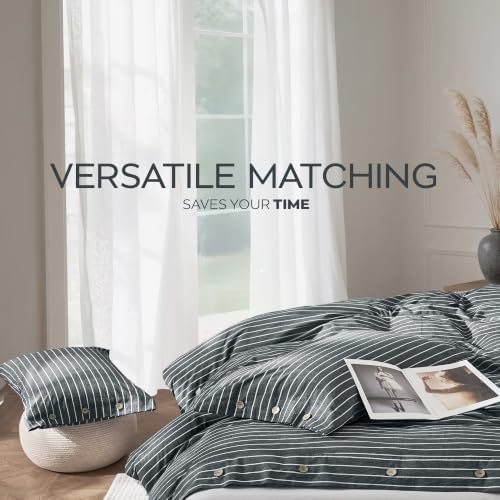 JELLYMONI Cotton Duvet Cover Cal King Size - Gray Pinstriped Comforter Cover with Button 100% Washed Cotton 3PCS Breathable Soft Bedding Set Duvet Cover 104×98in & 2 Pillowcases (NO Comforter)