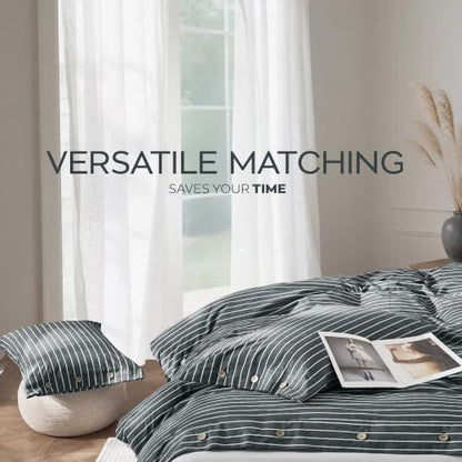 JELLYMONI Cotton Duvet Cover Full Size - Gray Pinstriped Comforter Cover with Button 100% Washed Cotton 3PCS Breathable Soft Solid Bedding Set Duvet Cover 80×90in & 2 Pillowcases (NO Comforter)