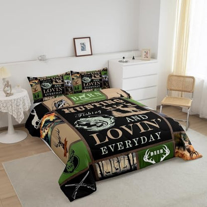 Big Pike Fish Bedding Set Deer Comforter Set for Kids Teens Boys Fish Hunt Duvet Set Antlers Fish Fishing Rod Comforter 1 Comforter Set with 2 Pillowcases King Size Boys
