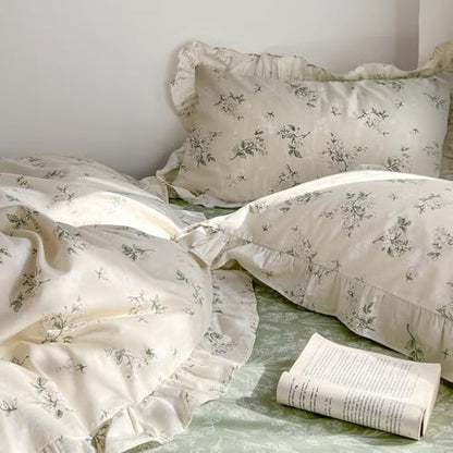 mixinni Reversible Sage Green Floral Duvet Cover Set King Size - 100% Cotton Cute Botanical Patterns Bedding Set with Ruffle Lace, 3PCs Beige Soft Aesthetic Cottagecore Style Duvet Cover for Girls