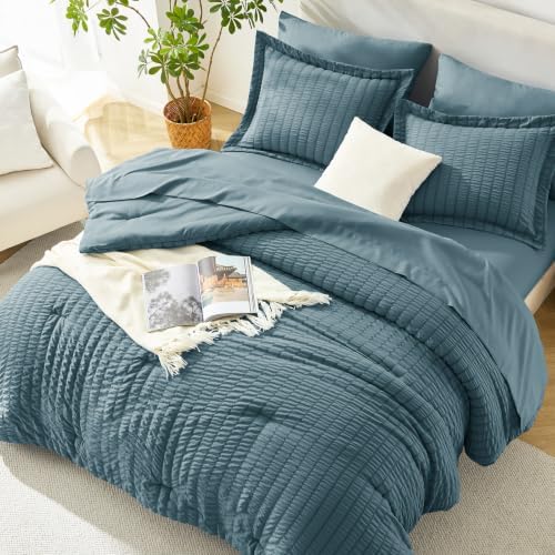 HIMEET Full Comforter Sets, 7-Piece Seersucker Bed in a Bag, Mineral Blue