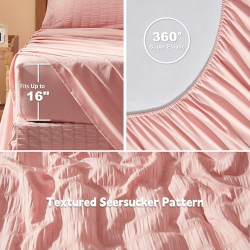 Laojin Balhen King Size Comforter Set 7 Pieces, Pink Seersucker Bed in a Bag Set King Size, All Season Luxury Bedding Sets with Comforter, Sheets, Pillowcase & Sham