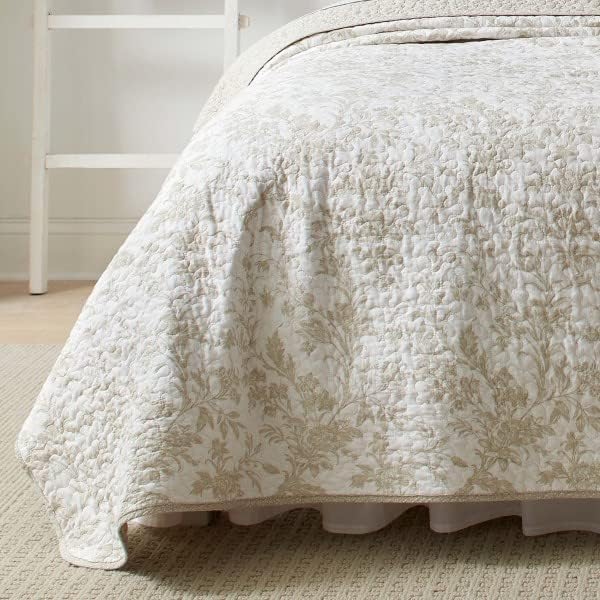 Laura Ashley - Twin Quilt Set, Soft Cotton Bedding with Reversible Design, Medium Weight for Year Round Use, 2 Piece Bed Set with Matching Pillowcase (Amberley Beige)