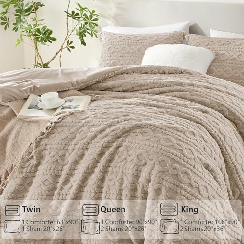 Homelike Moment Fleece King Comforter Set Beige, Fluffy Bed Set 3 Piece