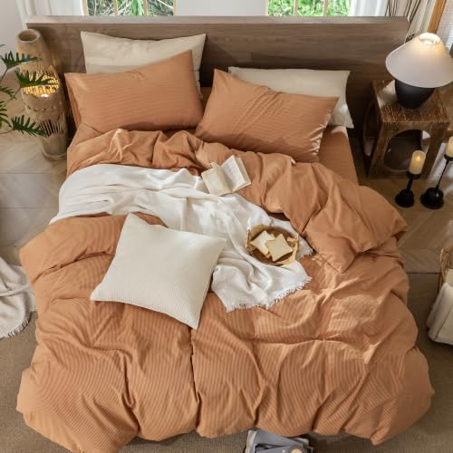 MooMee Striped Duvet Cover Set 100% Washed Cotton Linen Like King