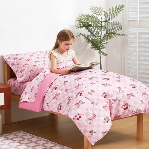 lasoftan Toddler Bedding Set, Toddler Bed Comforter Sets for Girls, Toddler Bed Set, Pink Cherry Printed