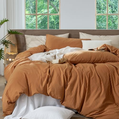 MooMee Striped Duvet Cover Set 100% Washed Cotton Linen Like Queen