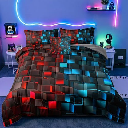6 Piece Bed in a Bag 3D Block Comforter Set Full Size Red Light Blue Gaming Block Bedding Set for Boys Girls Kids Teens Bedroom Decorative Full10