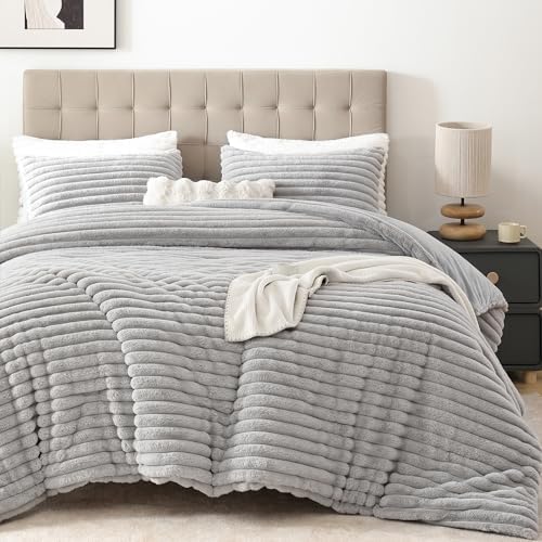 Smoofy Fluffy King Size Comforter 3 PCS - Light Grey Fleece Bedding Set