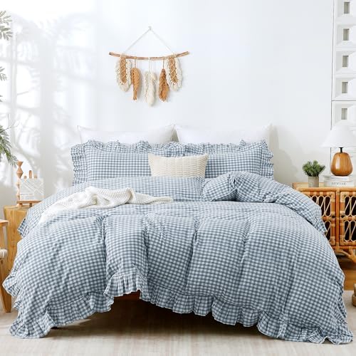 ATsense Blue Gingham Ruffle Duvet Cover Set Cotton Like Linen, Queen