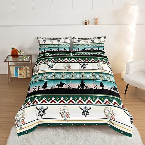 HOSIMA Western Bedding Comforter Sets,Longhorn Skull Dream Catcher Boho Comforter Set Queen Size for Adults Kids Cowboy Western Decor,Geometric Multicolor Teal Queen Comforter Set.