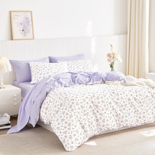 Wake In Cloud - Floral Comforter Set with Sheets, Coquette Cottagecore Aesthetic Flower Shabby Chic Pattern for Women Teen Girls, 7 Pieces Bed in a Bag, White Purple, Full Size
