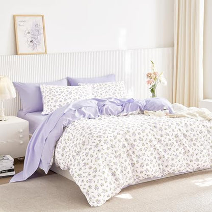 Wake In Cloud - Floral Comforter Set with Sheets, Coquette Cottagecore Aesthetic Flower Shabby Chic Pattern for Women Teen Girls, 7 Pieces Bed in a Bag, White Purple, Full Size