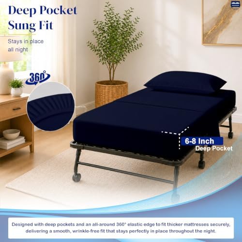Cottingon 4 PC Cot Sheet Set 30"X75", Egyptian Cotton, Navy Blue