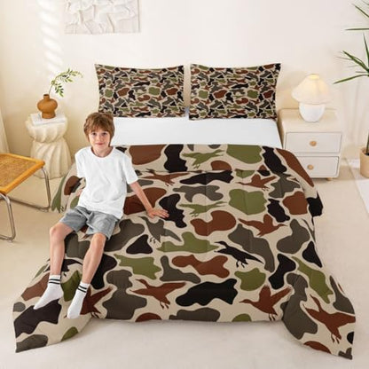Duck Hunting Comforter Set -Army Camo Comforter King Green Brown Camouflage Bedding Set for Kids Teens Adults Bedroom Decor Fashion Rustic Farmhouse Wild Animal Quilt Duvet,3 Pcs with 2 Pillowcase