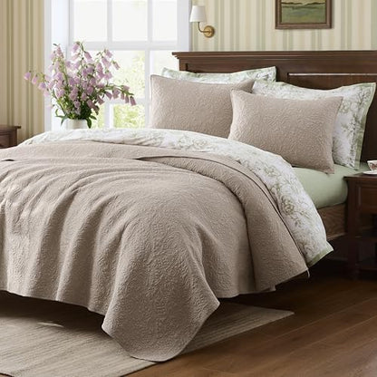 WDCOZY King 100% Cotton Paisley Quilt Bedding Set Beige Comforter