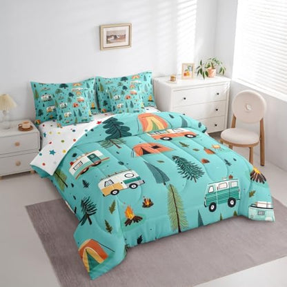 Erosebridal Happy Camping 7 Pieces Bedding Set Queen Size,Camper Camping Theme Bed in a Bag,Travel Car Rv Bed Set Includes Comforter,Sheet Set,Pillowcases & Pillow Covers,Botanical Trees Bedroom Decor