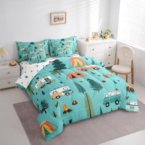 Erosebridal Happy Camping 7 Pieces Bedding Set King Size,Camper Camping Theme Bed in a Bag,Travel Car Rv Bed Set Includes Comforter,Sheet Set,Pillowcases & Pillow Covers,Botanical Trees Bedroom Decor