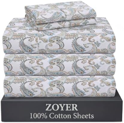 ZOYER 100% Cotton Sheets – Split King Size Percale Bedding, Cooling & Breathable, Durable with a Crisp, Soft & Comfortable Feel, 16" Deep Pocket, 5-Piece Set, Paisley Ornamental