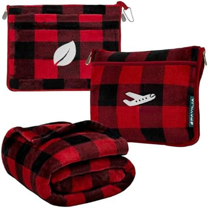 PAVILIA Travel Blanket and Pillow, Soft Ribbed Fleece Airplane, Plaid Red