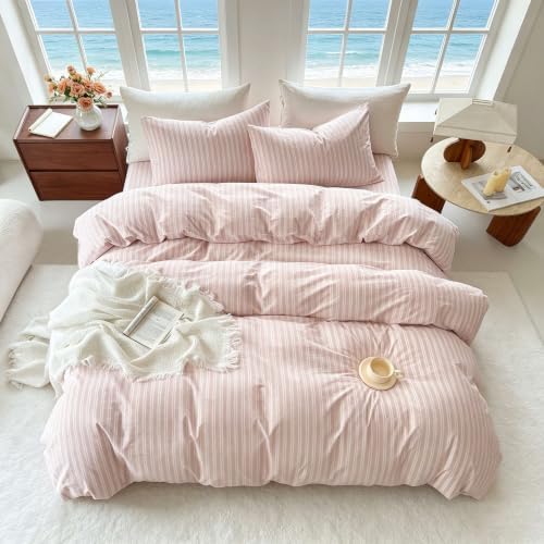 Striped Duvet Cover Set Full Size 3 Piece 100% Washed Cotton Linen Like Textured Bedding Comfy Breathable (Full, Double Stripe-Greyish Pink/White)