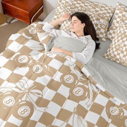 Erosebridal 7 Piece Lucky 8 Ball Comforter Set King Fashion Y2K Bowknot Bedding Set with Cute Cherry Ball Design,Minimalist Trendy Geometric Plaid Bed in A Bag Aesthetic Funky Coquette Bed Set