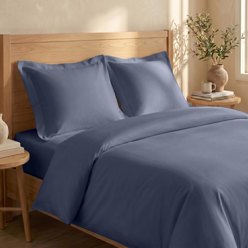 BIOWEAVES 100% Organic Cotton Twin/Twin XL Duvet Cover Set, 2-Piece, 300 Thread Count Sateen Weave GOTS Certified Comforter Cover with Buttoned Closure and 1 Pillow Sham – Mineral, 66x90 inches