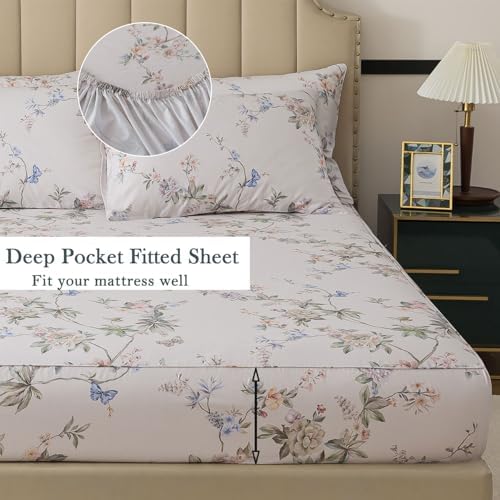 FADFAY Twin XL Size Percale Cotton Sheets Set for College – 4 Pieces Vintage Botanical Floral & Butterfly Pattern Bedding, Crisp, Soft & Breathable, Deep Pocket Fitted Sheet