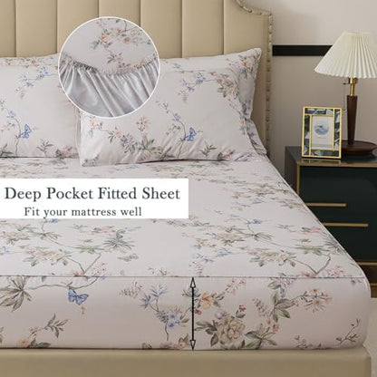 FADFAY Twin XL Size Percale Cotton Sheets Set for College – 4 Pieces Vintage Botanical Floral & Butterfly Pattern Bedding, Crisp, Soft & Breathable, Deep Pocket Fitted Sheet