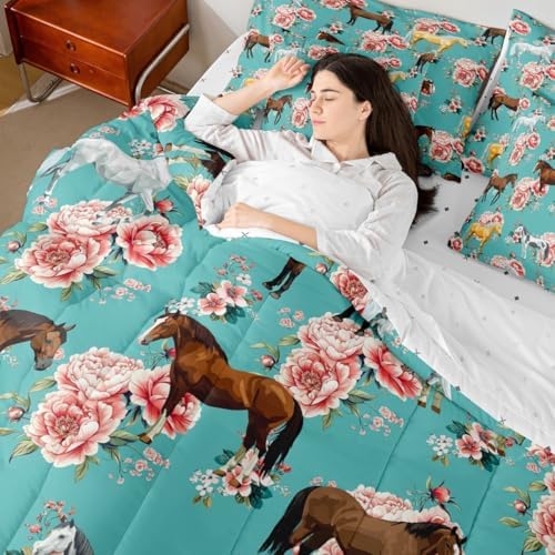 Erosebridal Kids Horse Twin Comforter Set 7 Pieces, Chic Retro Floral Bed in A Bag, Galloping Horse Printed Bedding Set with Comforters, Sheets, Pillowcases Farm Animal Bedroom Decor