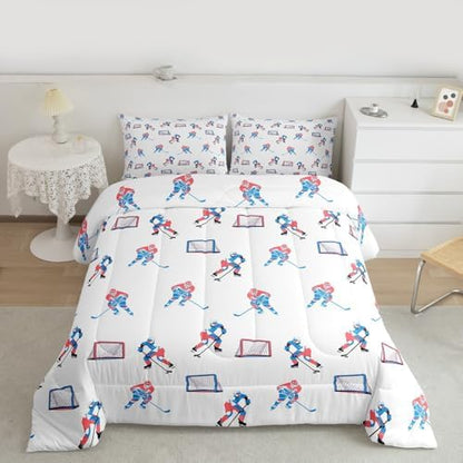 Hockey Players Kids Bedding Set King Size, Comforter Set,Winter Sports Games Quilt Comforter,White Blue Bedroom Duvet Insert,2 Pillowcases