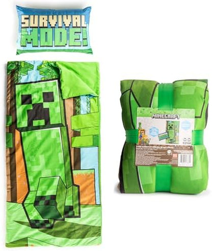 Jay Franco Kids Slumber Bag and Pillow - 54 x 27 Inch Comfy Indoor Sleeping Bag for School and Sleepovers, 2 Piece Set, Green - Minecraft