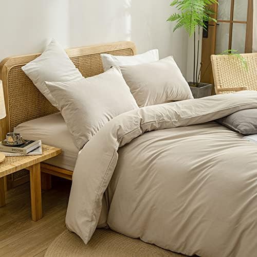 BESTOUCH Cotton Solid Duvet Cover Set Linen Feel Almond Milk Grey Twin