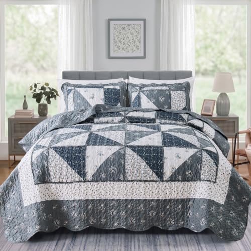 Oversized King Size Quilt Set 128x120 Grey Floral Patchwork Bedspreads Set