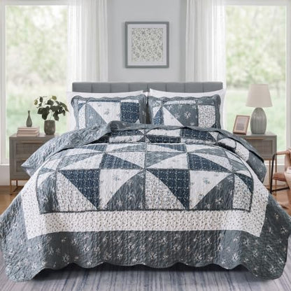 Oversized King Size Quilt Set 128x120 Grey Floral Patchwork Bedspreads Set
