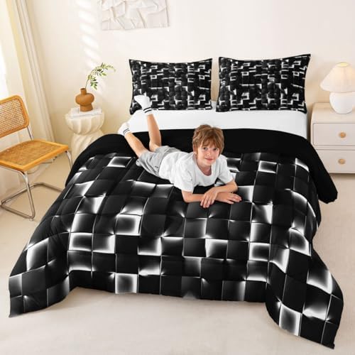 Erosebridal Geometric Checkered Comforter King Size Neon Black White Comforter Set for Kids Teen Men Gamer Room Decor,Abstract Ombre Plaid Bedding Set Grids Quilt Duvet