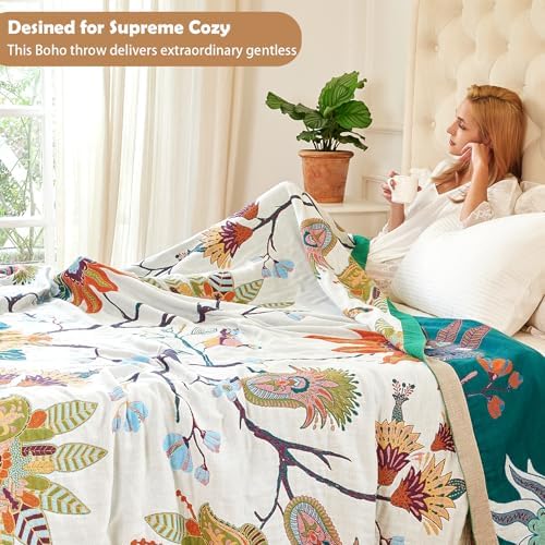 VANJOROY Boho Throw Blanket, 100% Organic Cotton Breathable Skin-Friendly Ultra Soft Bed Quilt Throw - All Season Floral Bird Farmhouse Décor Luxury Blanket for Sofa Couch Chair and Gift. 60" x 80"