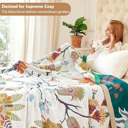 VANJOROY Boho Throw Blanket, 100% Organic Cotton Breathable Skin-Friendly Ultra Soft Bed Quilt Throw - All Season Floral Bird Farmhouse Décor Luxury Blanket for Sofa Couch Chair and Gift. 60" x 80"