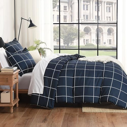 Andency Queen Comforter Sets Navy, Gingham Plaid Grid Checkered Bedding Set